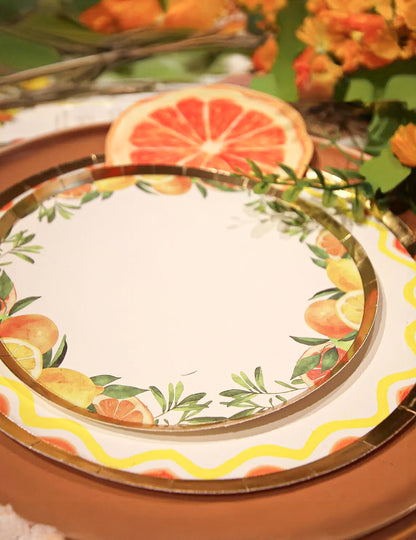 8 kleine Fizz-Zitrusfrucht-Pappteller Creme, Orange, Gelb und Gold 18cm Fruchtdesign