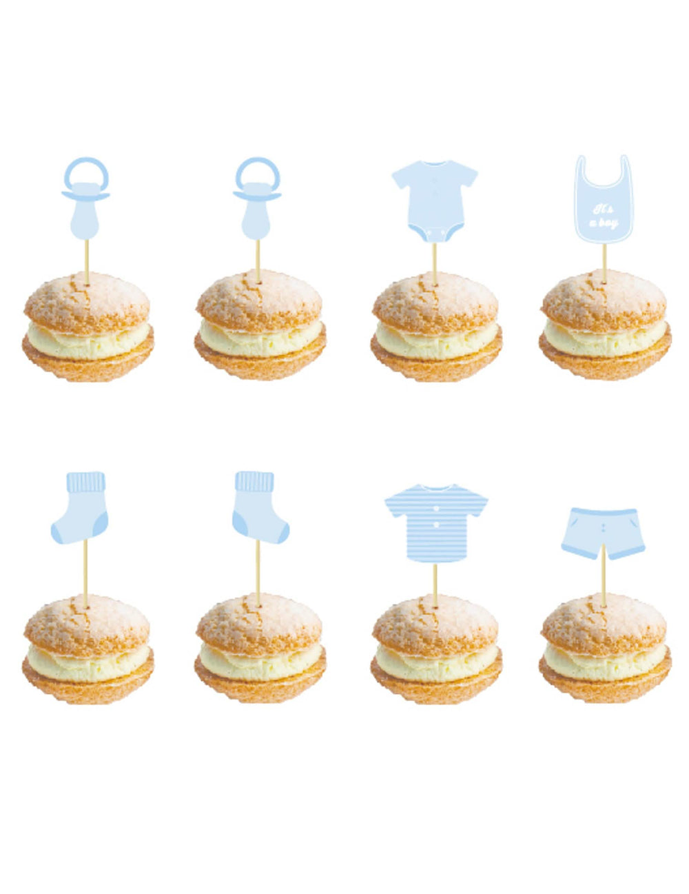 Pics en bois bébé bleu pour baby shower avec motifs naissance