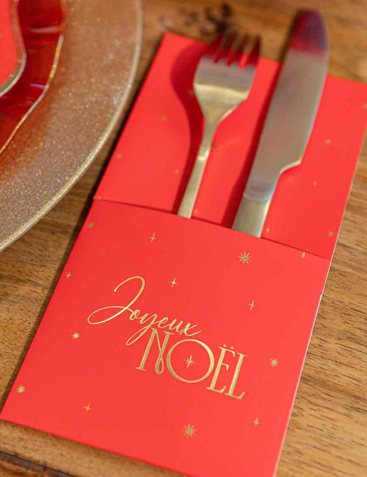 8 rote Bestecktaschen Frohe Weihnachten & Gold 10 x 20 cm