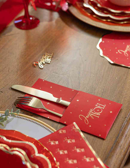 8 rote Bestecktaschen Frohe Weihnachten & Gold 10 x 20 cm