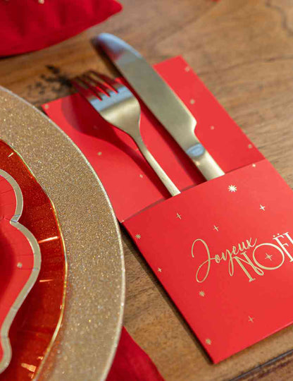 8 rote Bestecktaschen Frohe Weihnachten & Gold 10 x 20 cm