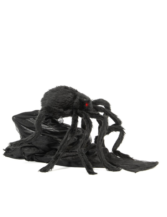 Détail des yeux rouges et de la fourrure de l'araignée animée sauteuse d'Halloween