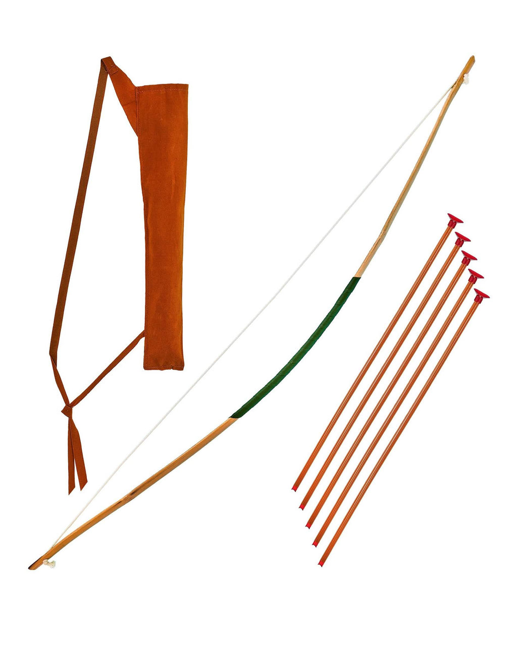 Arc avec étui et fléchettes d'archer pour enfant en bois avec carquois orange et poignée verte