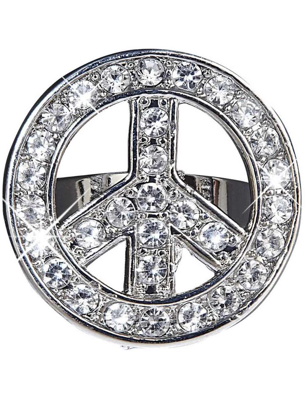 Hippie-Ring für Erwachsene, silbern, mit Strass in Form von peace and love