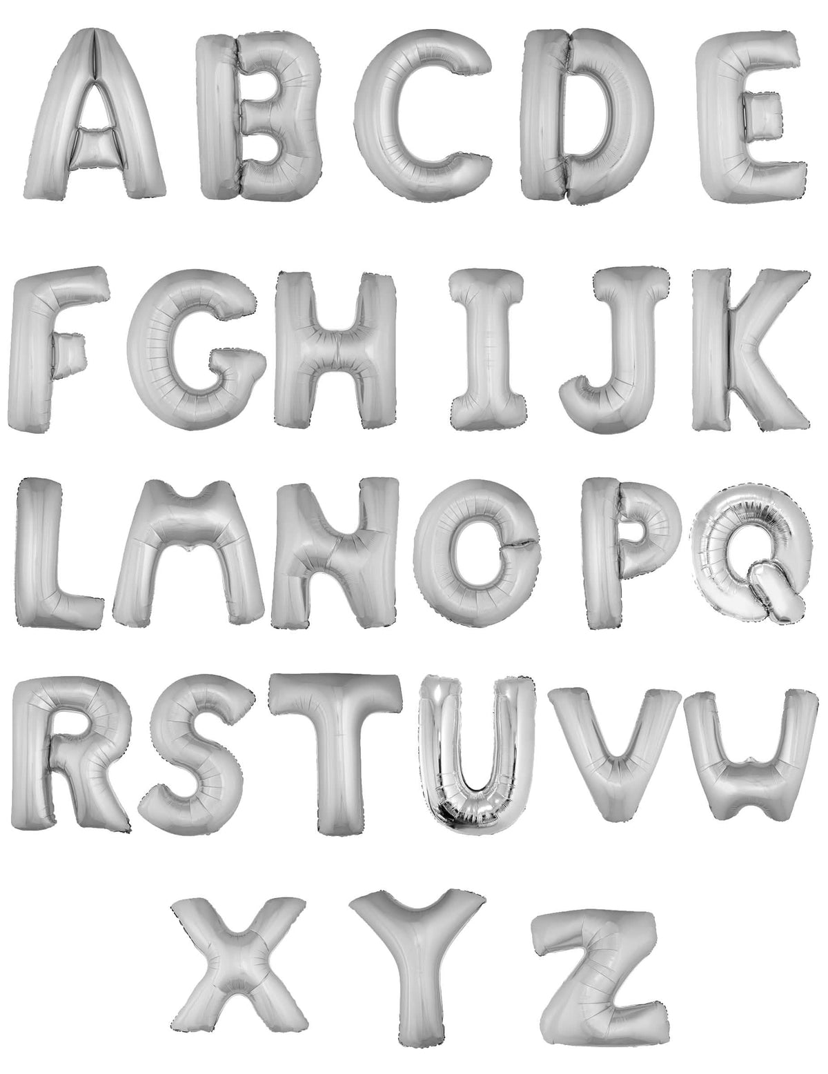 Überblick über das Alphabet aus Aluminiumballonbuchstaben für silberne Partys