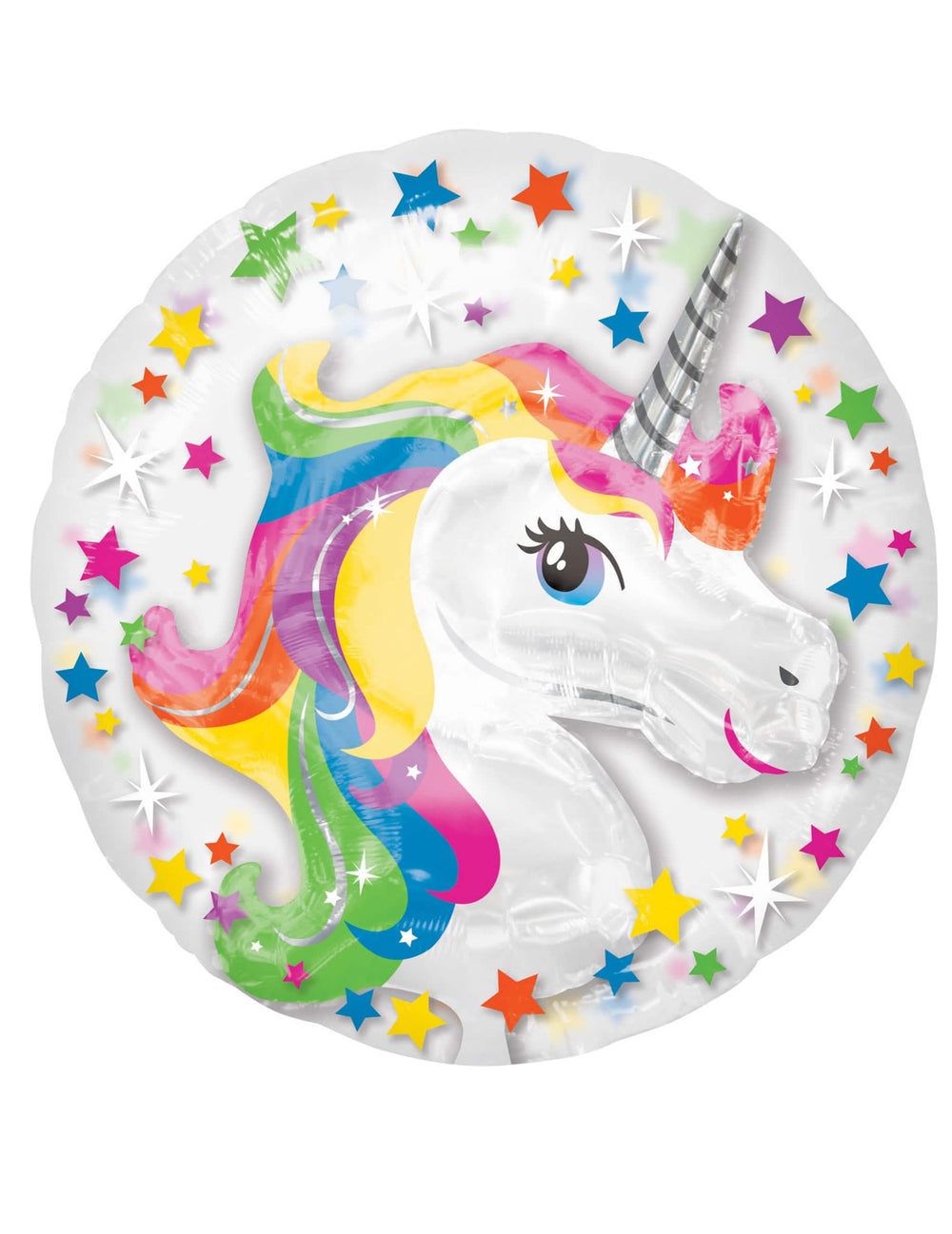 Aluminiumballon Einhorn rund Regenbogen mit mehrfarbigen Sternen