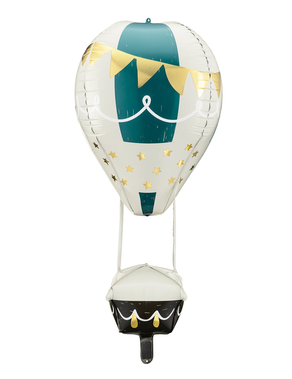 Ballon aluminium montgolfière blanc et vert avec étoiles et fanions dorés