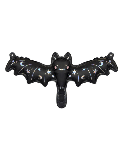 Ballon aluminium petite chauve-souris pour Halloween noir avec motifs lunes et étoiles holographiques