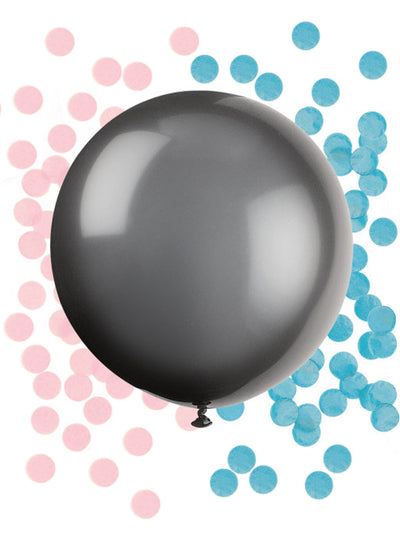 Ballon en latex géant baby shower pour gender reveal noir avec confettis roses et bleus
