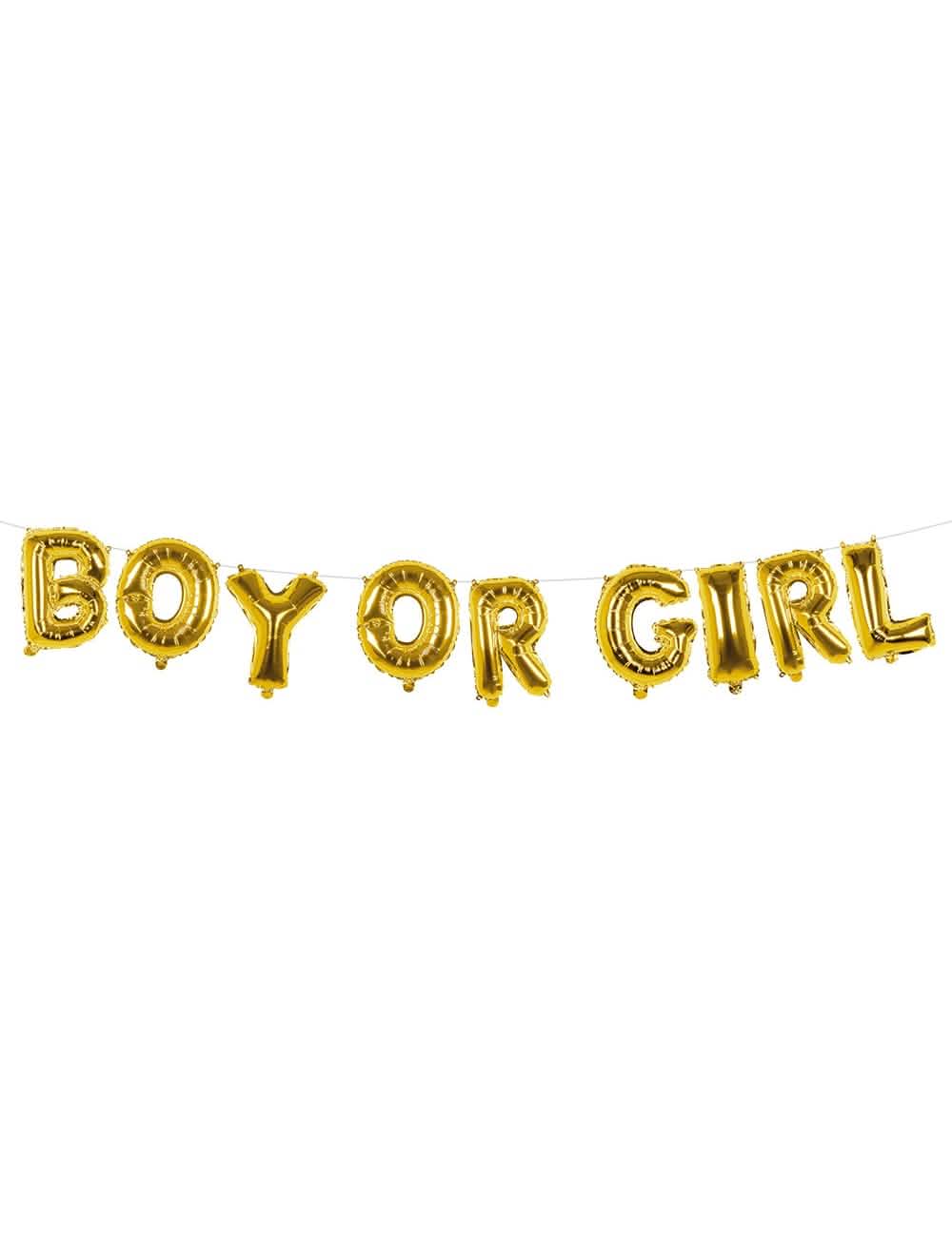 Vorderansicht der Luftballon-Girlande aus Aluminium-Buchstaben boy or girl für Baby Shower