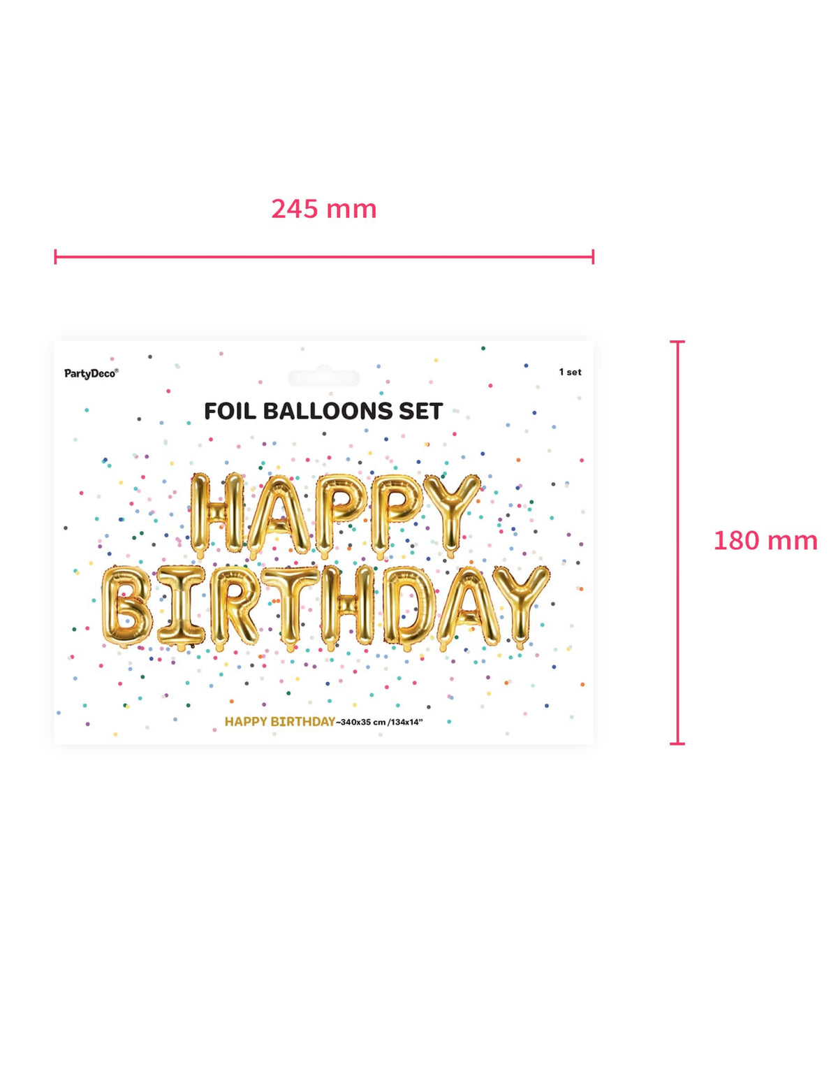 Abmessungen der Verpackung der Aluminium-Luftballons Buchstaben Happy Birthday für Geburtstag Gold als Girlande