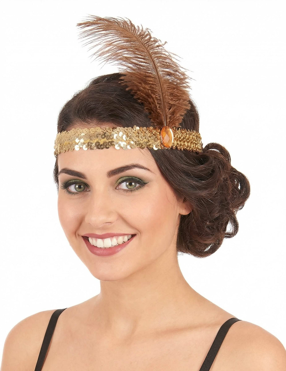 Charleston (20er)-Stirnband mit Pailletten und Feder für Damen Gold