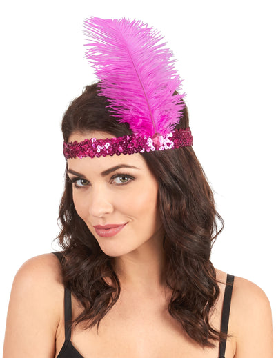 Charleston Pailletten Haarband mit Feder für Damen pink