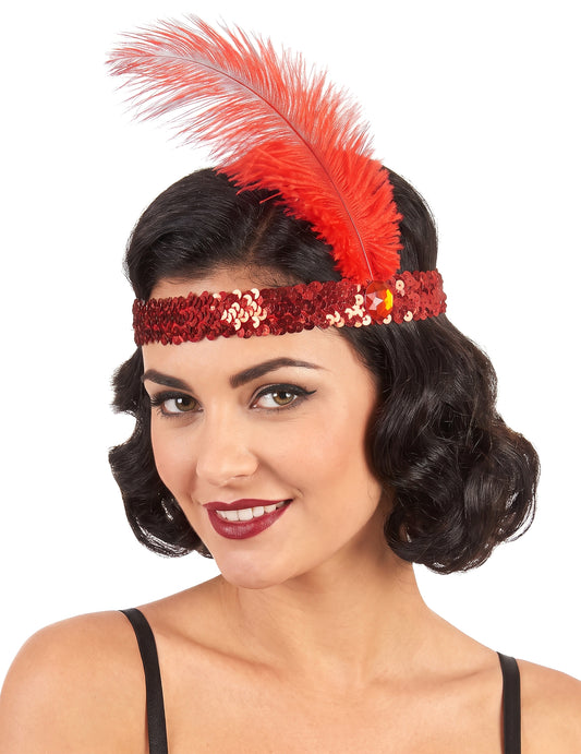 20er Pailletten-Haarband mit Feder für Damen rot