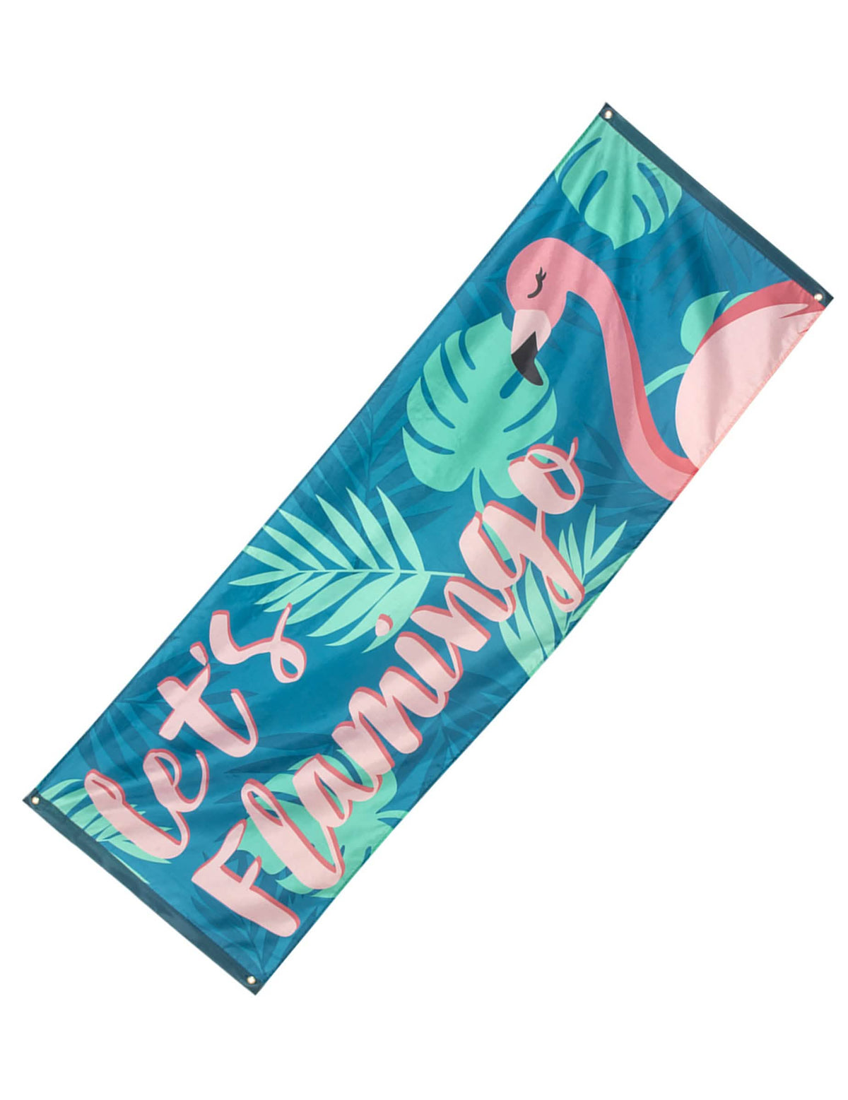 Bannière Let's Flamingo Flamant Tropic für Party Blau und Rosa, Pink mit tropischen Blättern