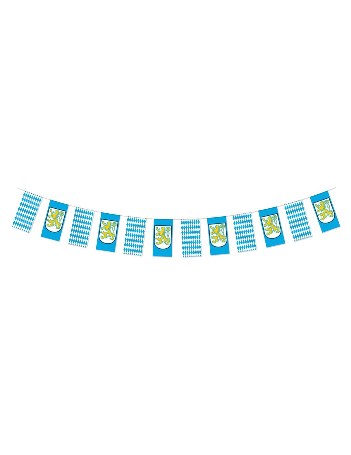 Banner Oktoberfest blau und weiß mit Rauten und gelben Löwen-Wappen