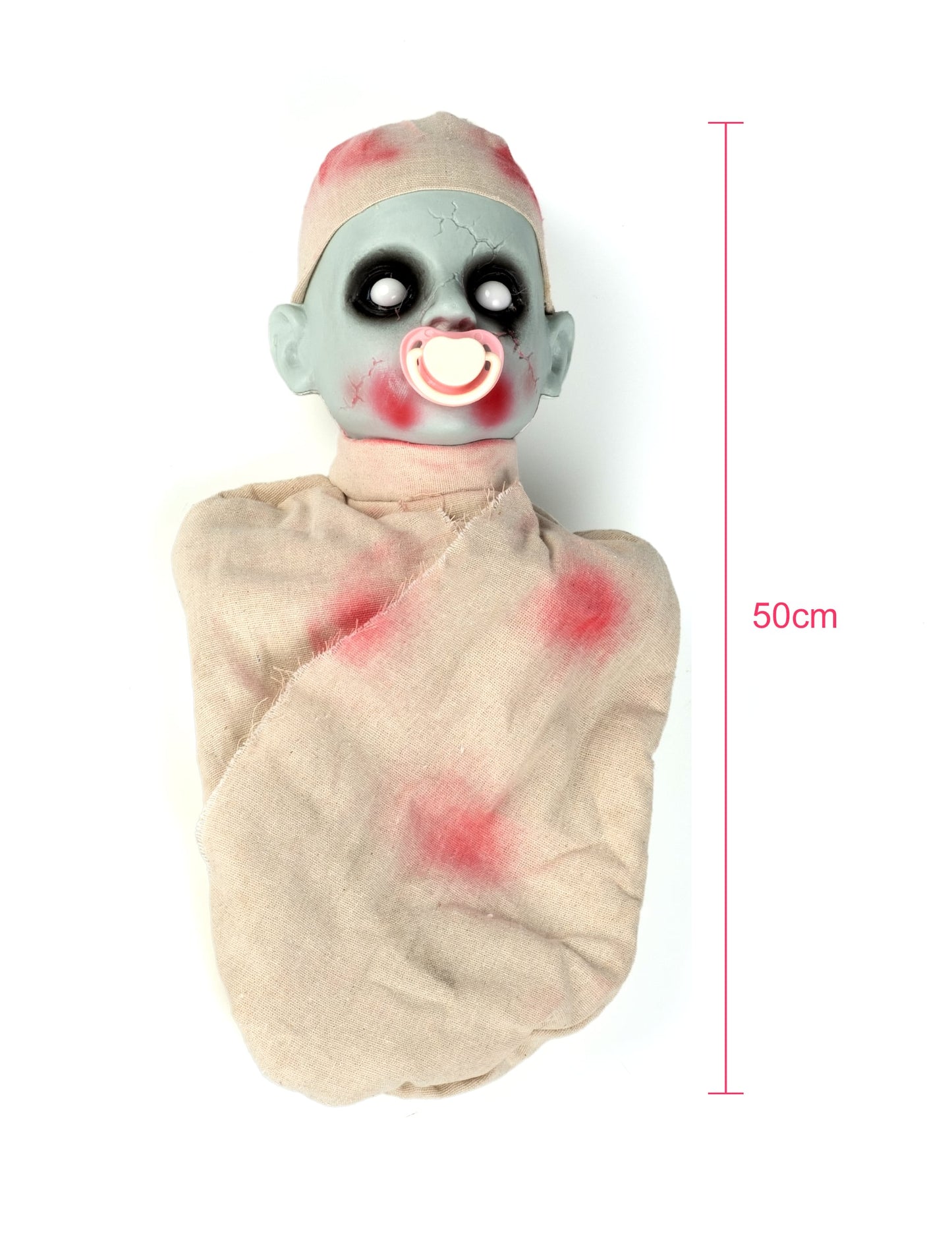 Indication des dimensions du bébé zombie ensanglanté pour Halloween