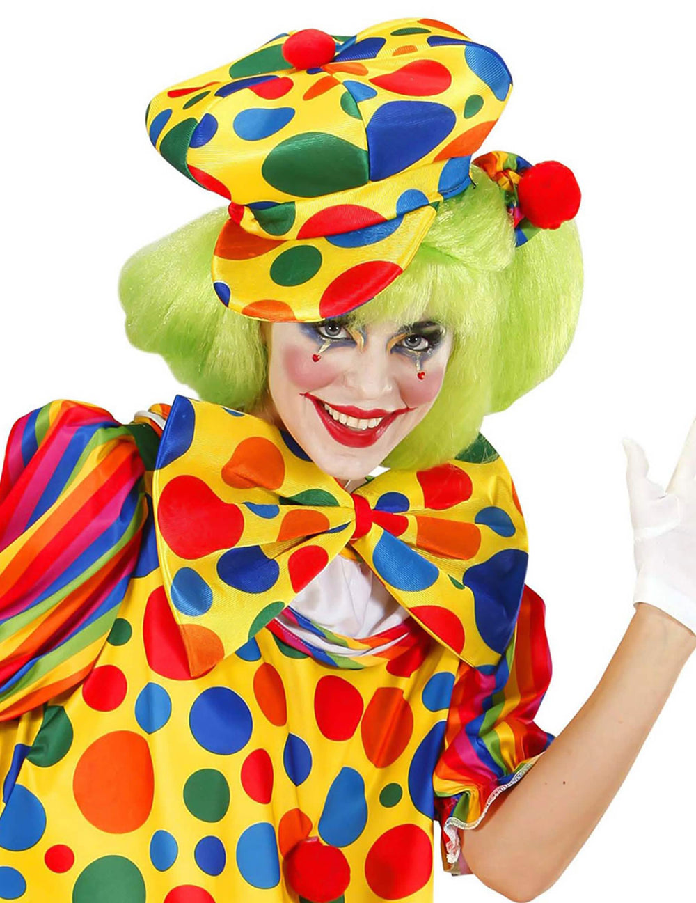 Gelber Clown-Baskenmütze für Erwachsene mit bunten Punkten