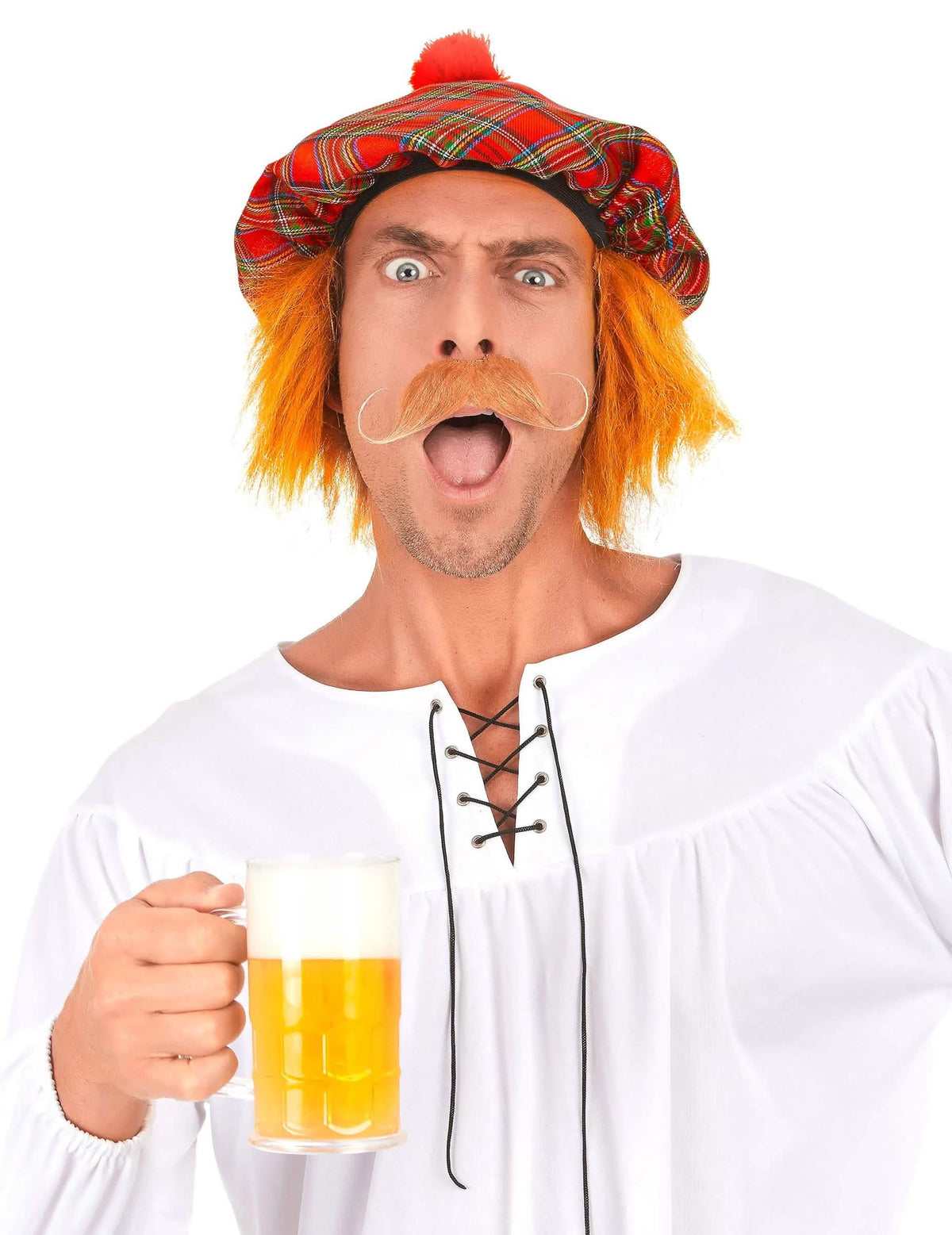 Béret écossais pour adulte rouge à carreaux avec cheveux roux et moustache