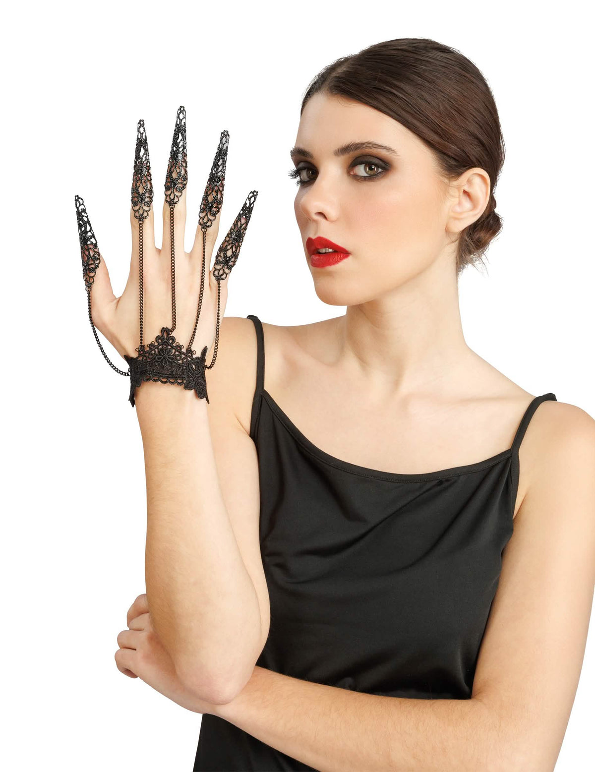 Schwarzer Hand- und Fingerschmuck mit Spitzenmuster
