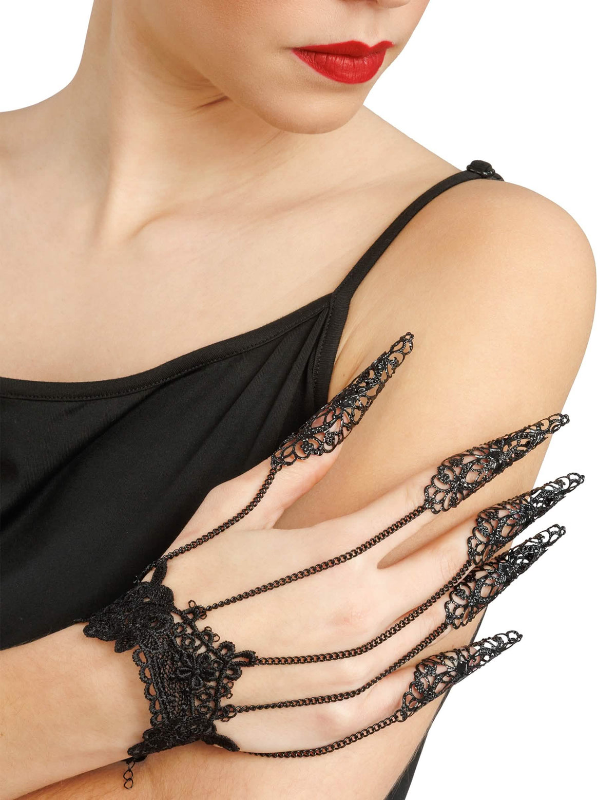 Schwarzer Hand- und Fingerschmuck mit Spitzenmuster