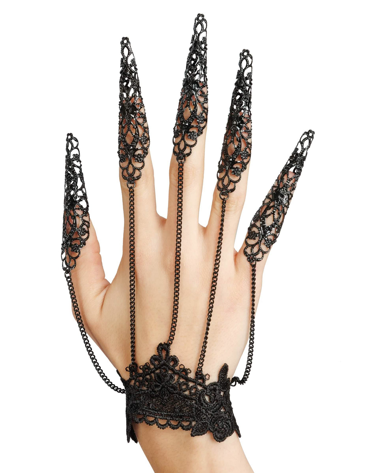 Schwarzer Hand- und Fingerschmuck mit Spitzenmuster