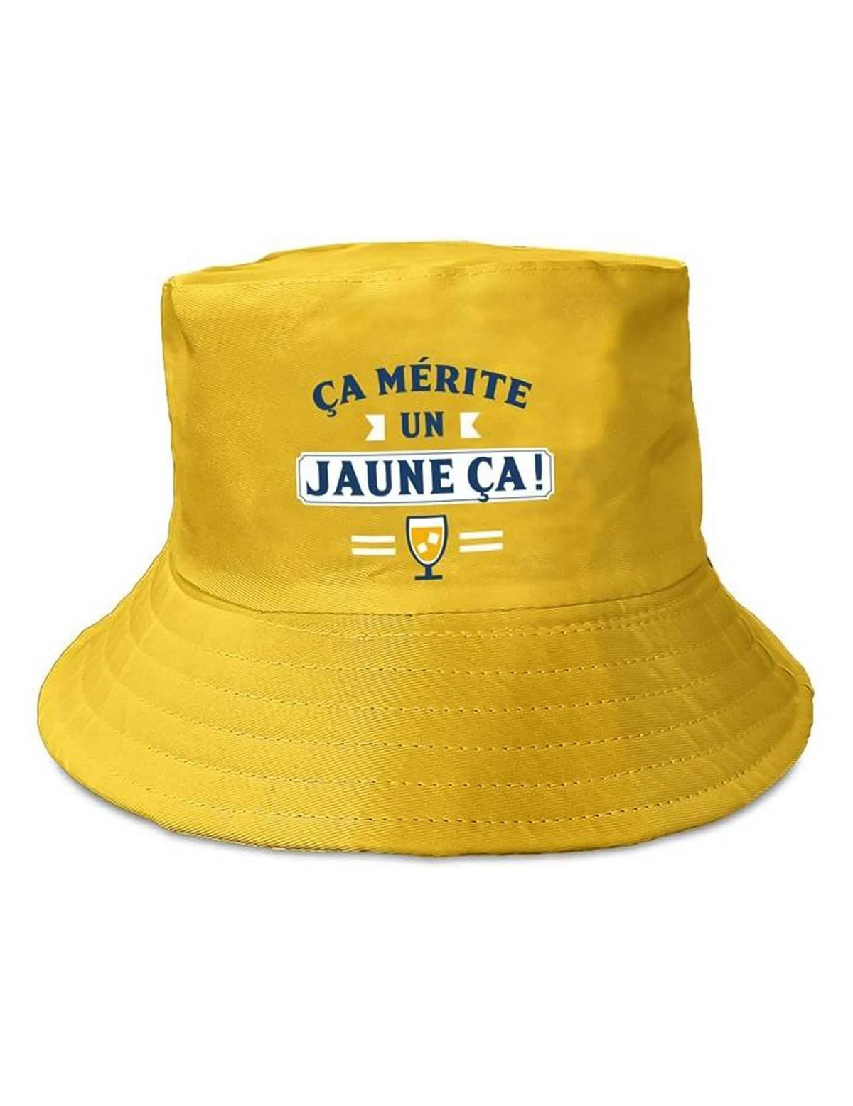 Détail de l'imprimé du bob ça mérite un jaune ça
