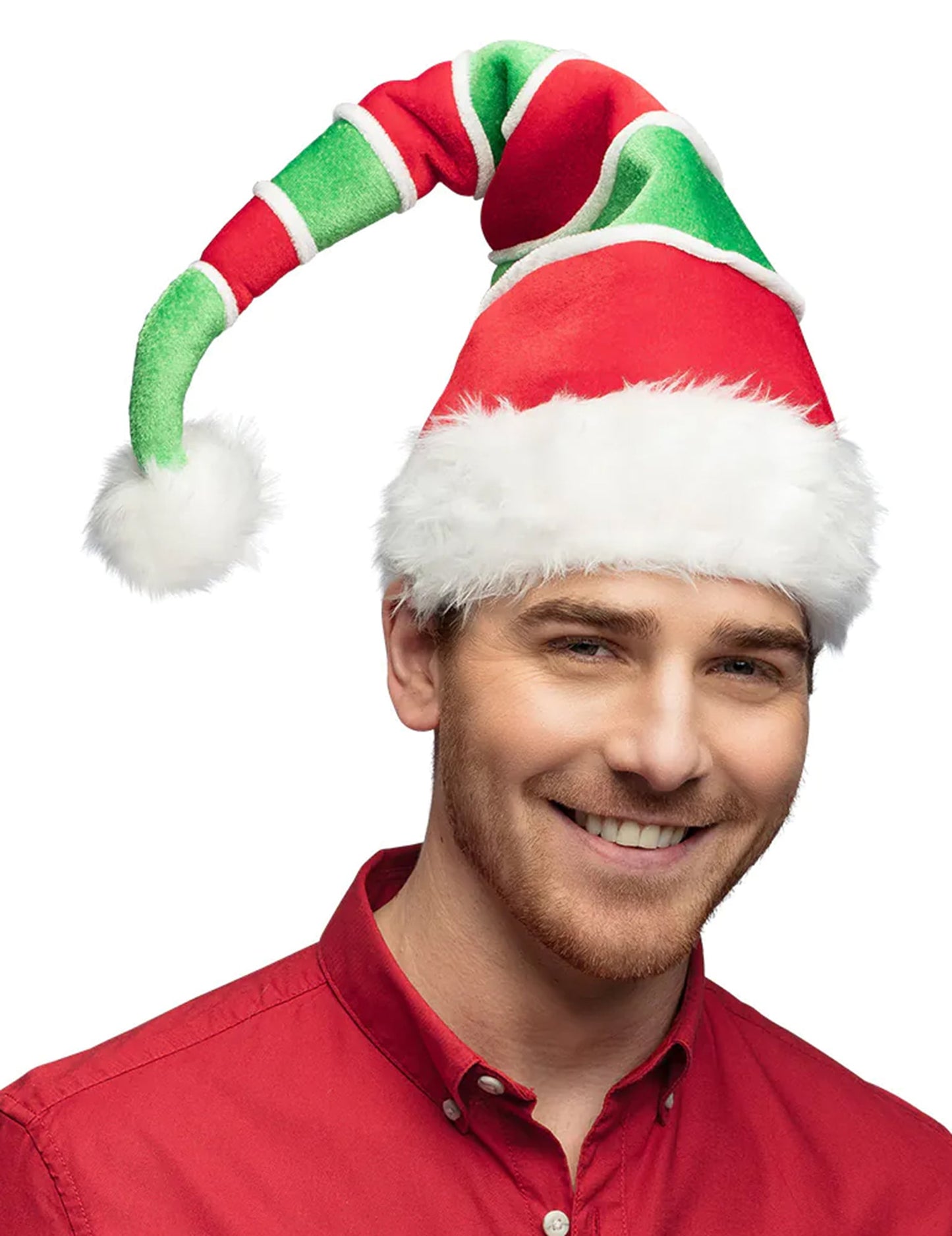 Bonnet de Noël rayé pour adulte rouge et vert avec pompon blanc