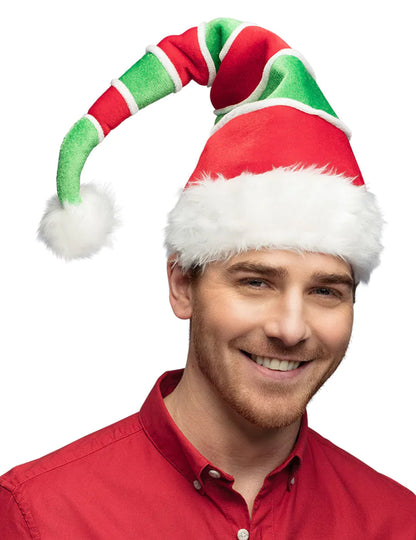 Bonnet de Noël rayé pour adulte rouge et vert avec pompon blanc