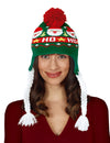 Bonnet à pompon Noël pour adulte vert avec motifs Père Noël et tresses blanches