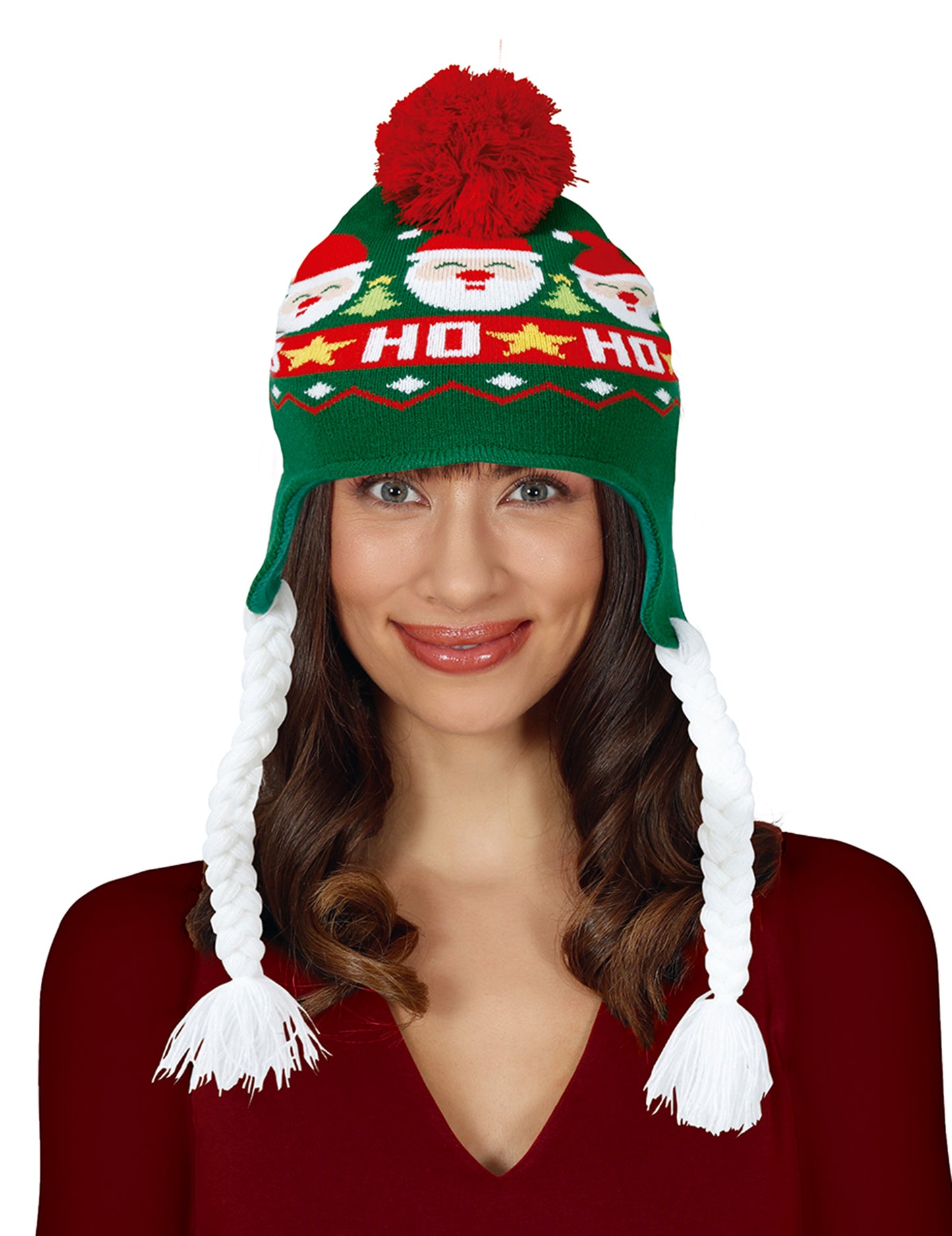 Bonnet à pompon Noël pour adulte vert avec motifs Père Noël et tresses blanches