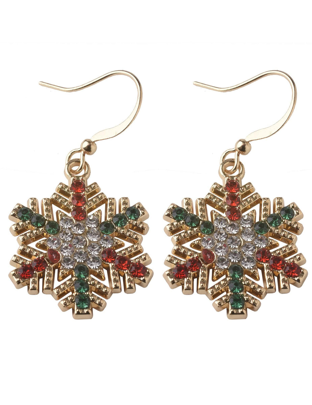 Boucles d'oreilles flocons de Noël à strass pour femme dorées avec strass rouges et verts