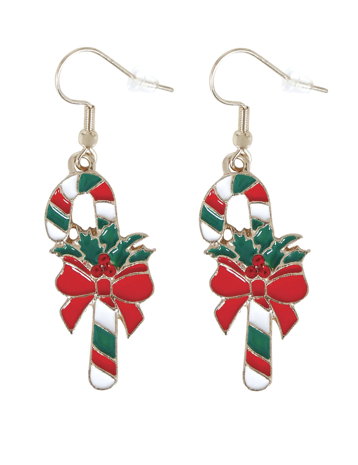 Gros plan des boucles d'oreilles métalliques canne à sucre de Noël