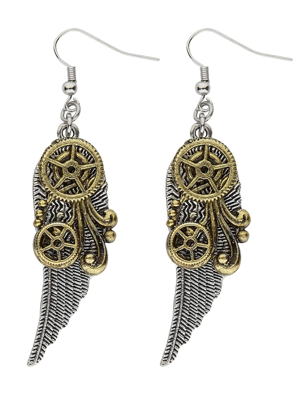 Steampunk-Ohrringe mit Zahnrädern und Federn für Erwachsene, silberfarben und goldfarben