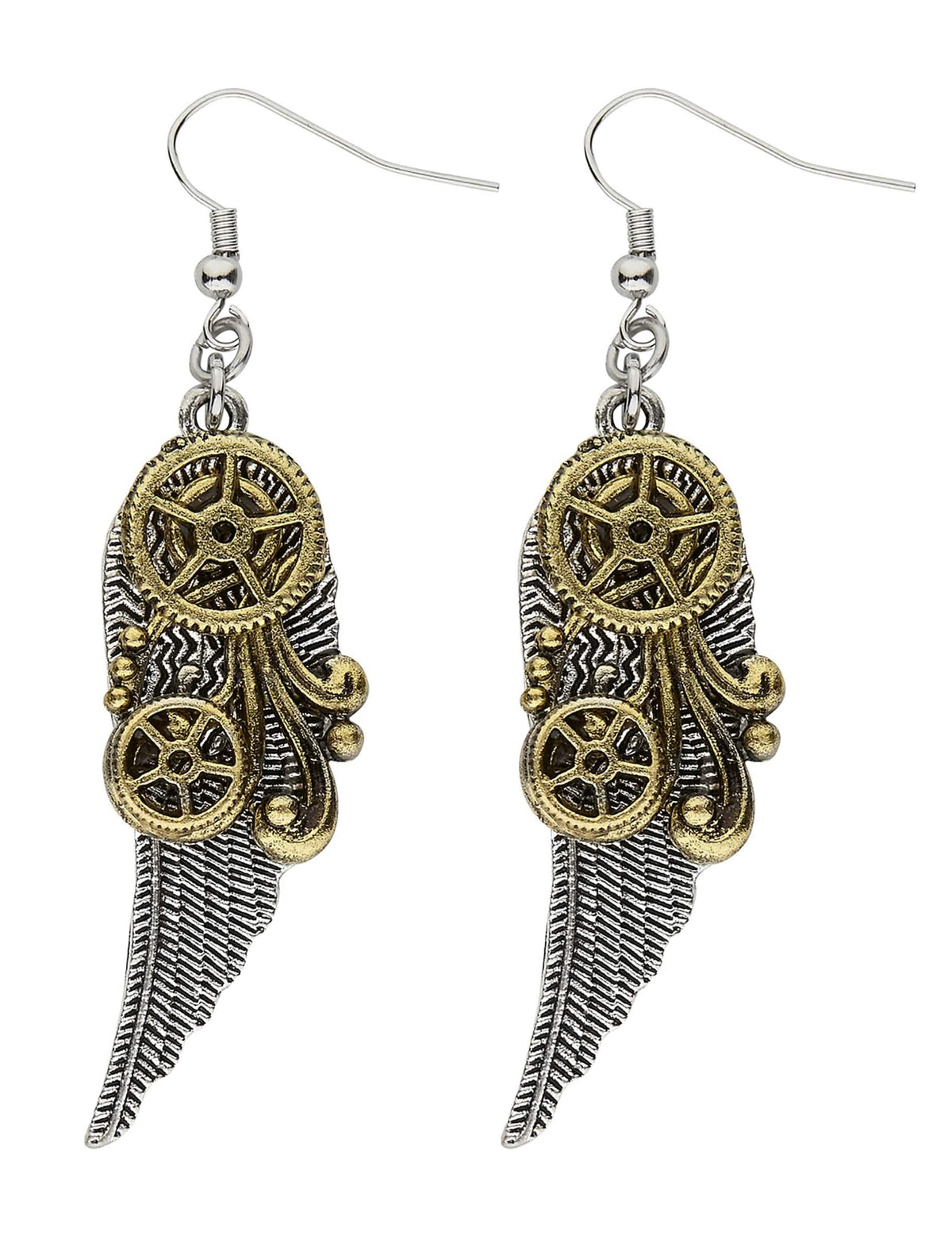 Steampunk-Ohrringe mit Zahnrädern und Federn für Erwachsene, silberfarben und goldfarben