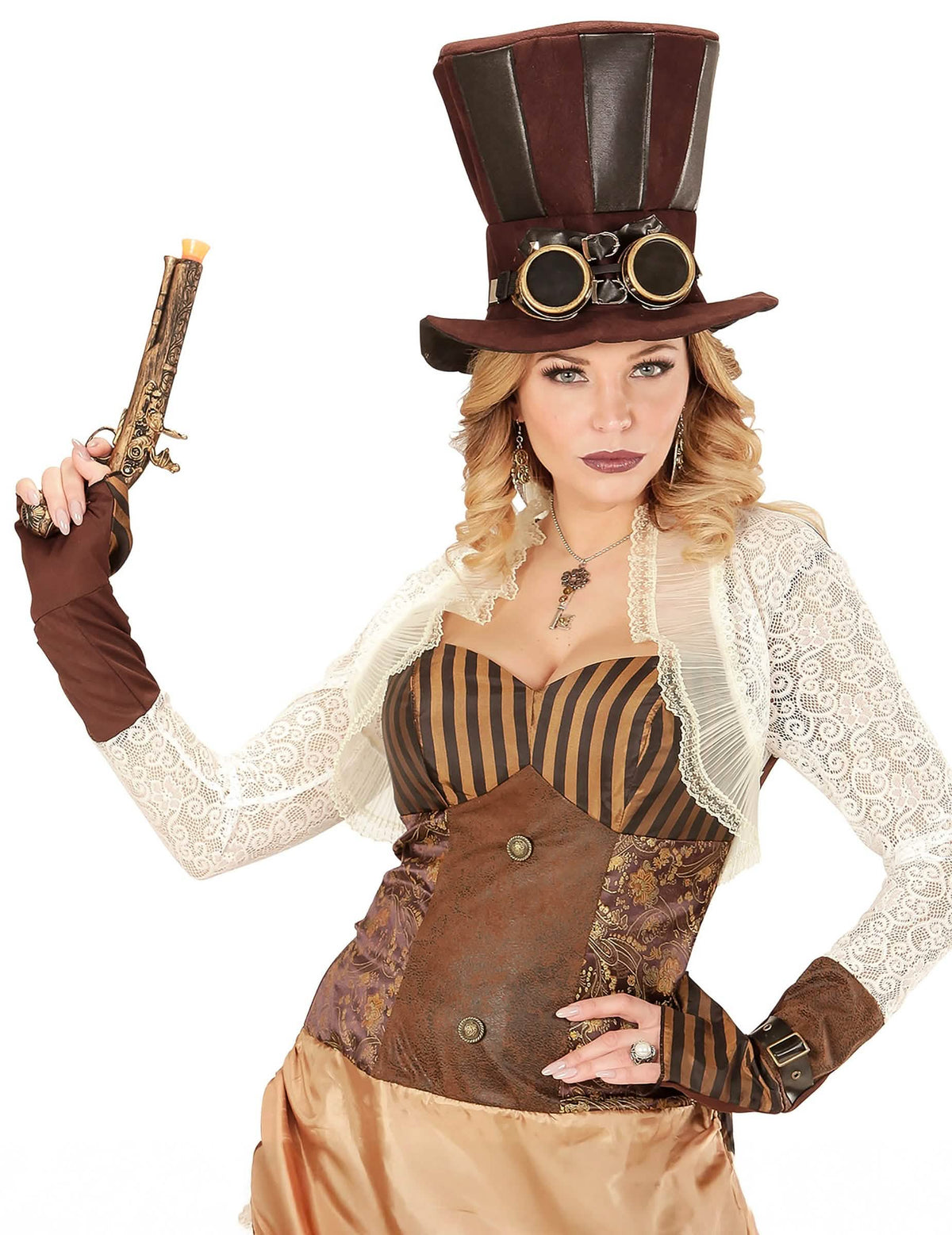 Getragene Ansicht der Steampunk-Ohrringe mit Zahnrädern und Federn für Erwachsene