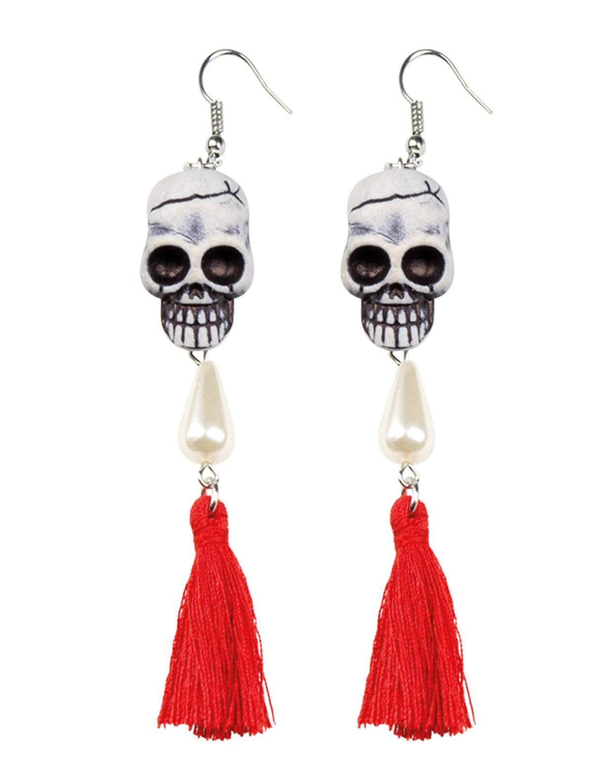 Boucles d'oreilles tête de mort Dia de los muertos pour femme rouges avec pompons et perles