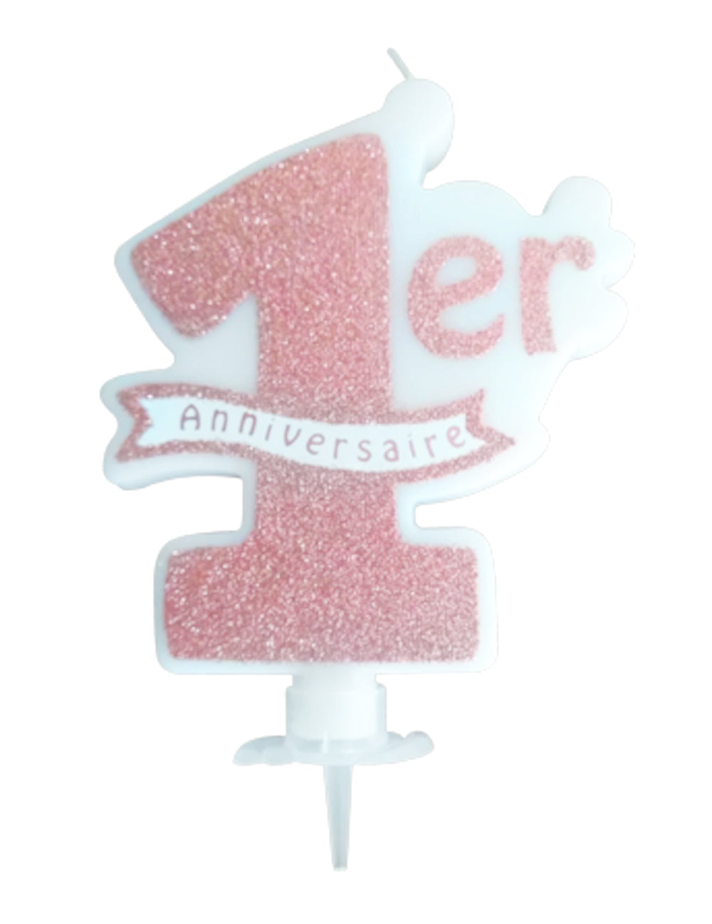 Bougie 1er anniversaire pour gâteau paillettes rose gold avec bobèche