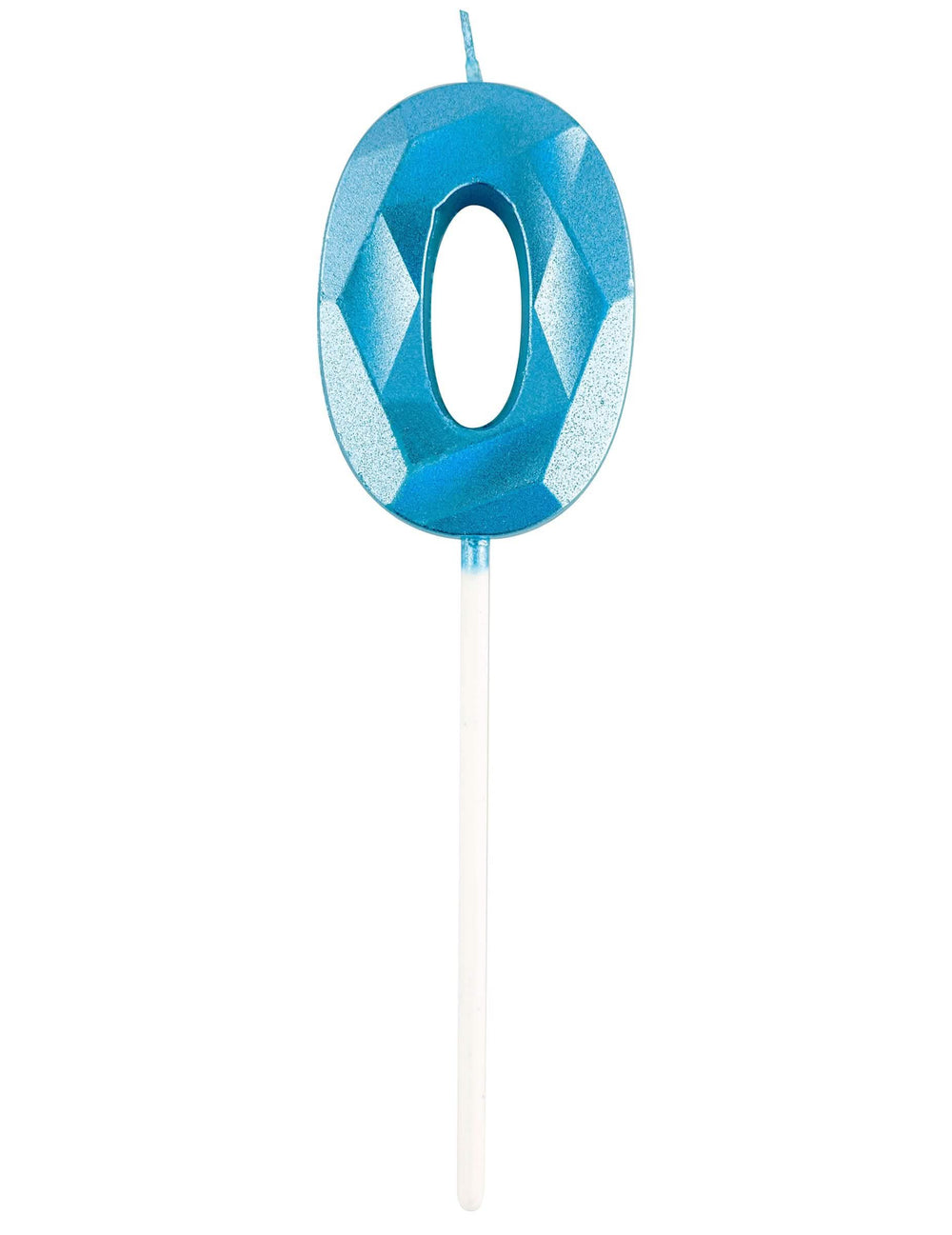 Vue de face du chiffre 0 de la bougie chiffre pour anniversaire bleue effet diamant