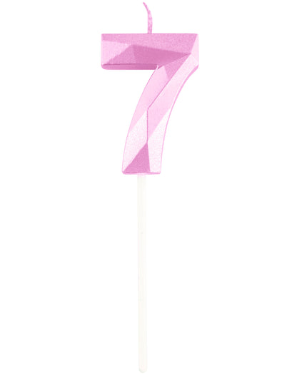 Détail du chiffre 7 de la bougie chiffre pour anniversaire rose pastel effet diamant