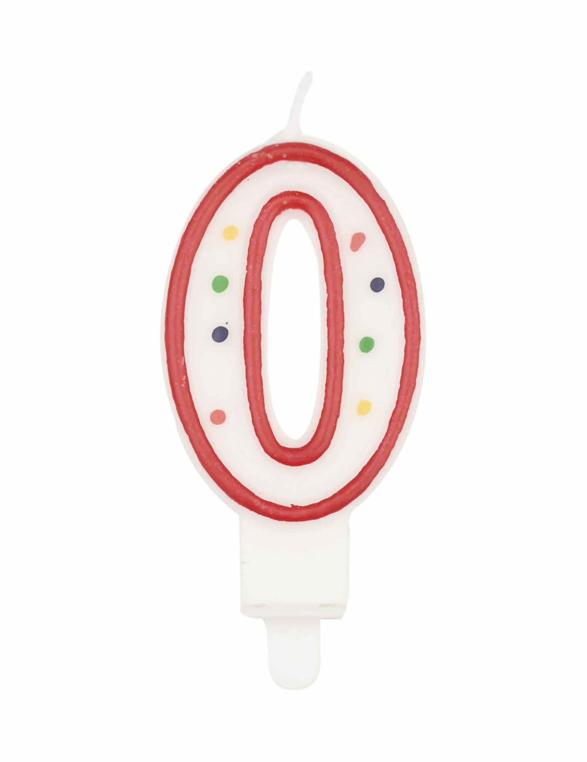 Bougie chiffre 0 multicolore à pois et liseré rouge