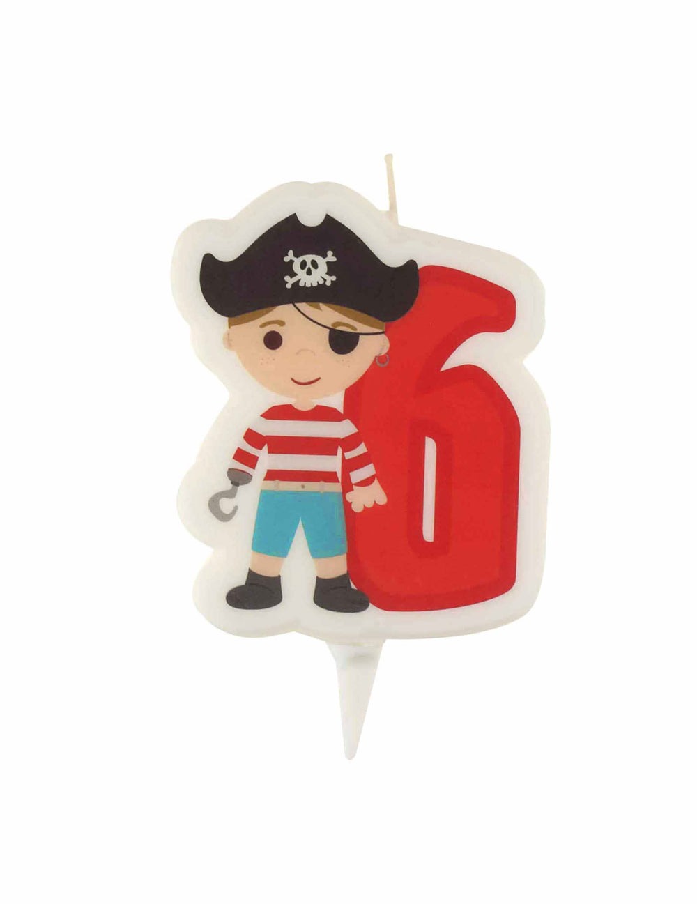 Bougie d'anniversaire pirate chiffre 6 pour enfant rouge avec pic