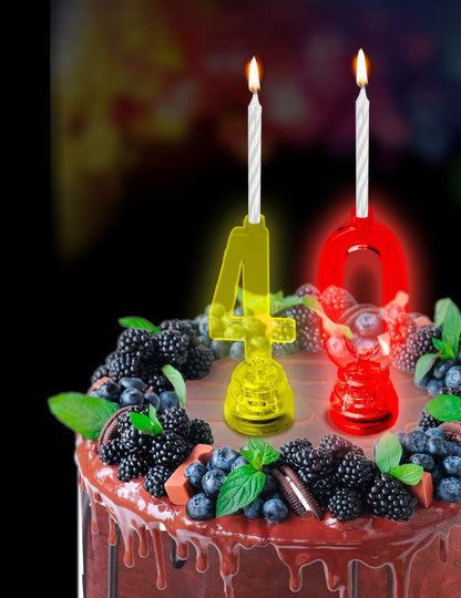 Mise en situation sur un gâteau de la bougie lumineuse LED chiffre 0