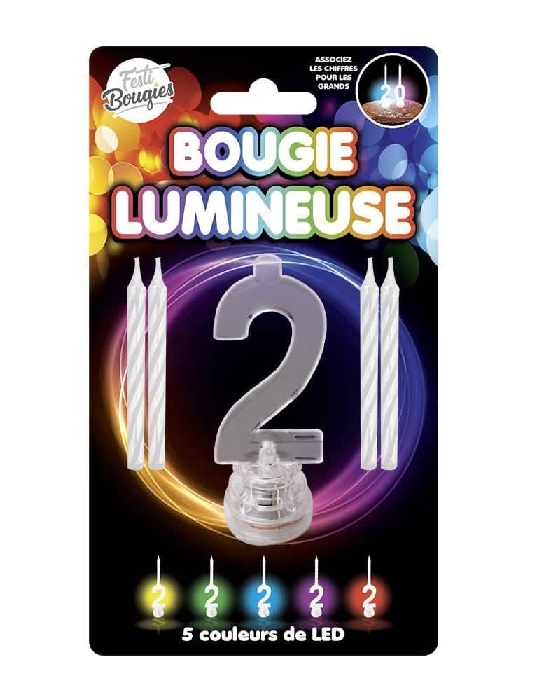 Bougie lumineuse LED chiffre 2 pour anniversaire avec 5 couleurs de LED