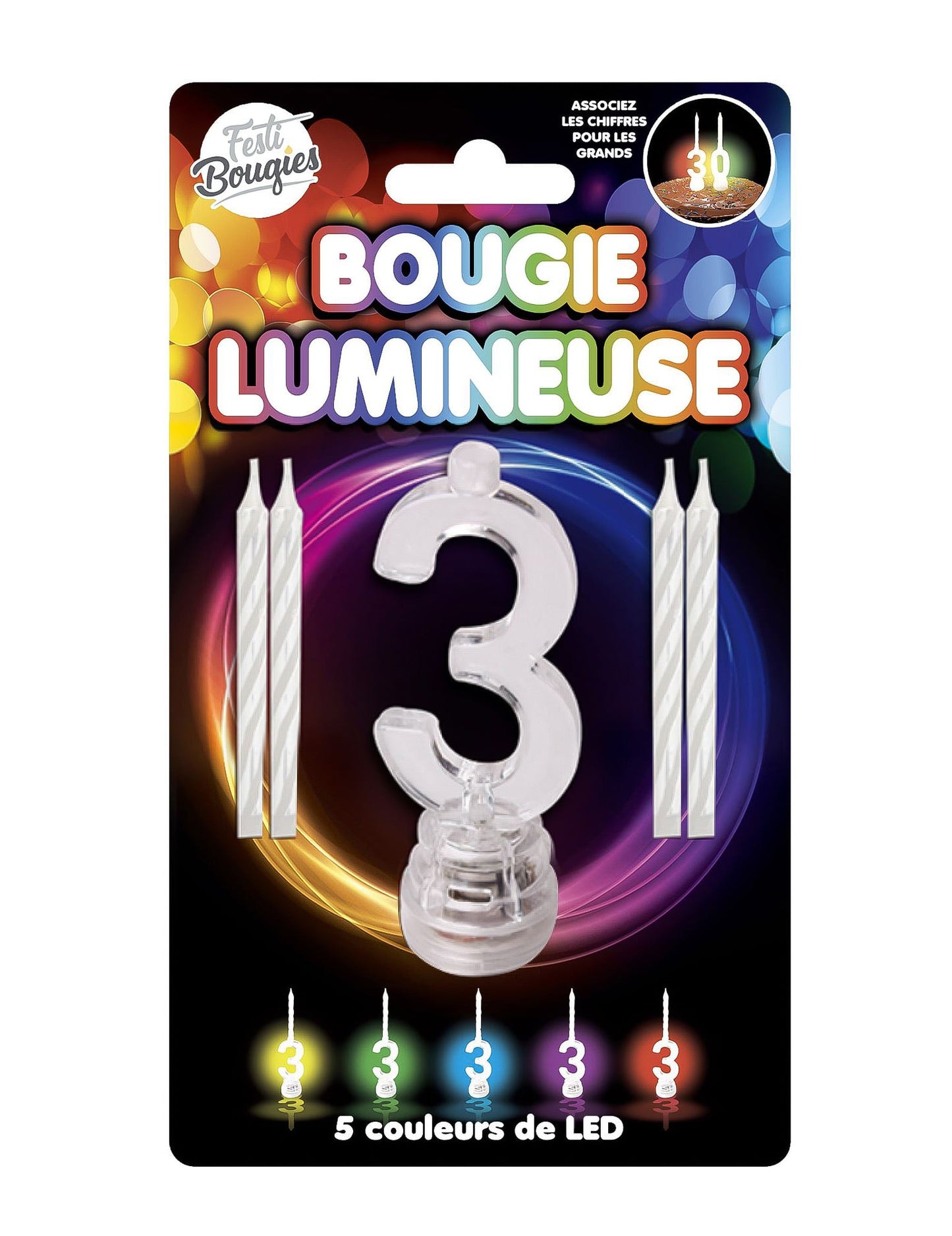 Bougie lumineuse LED chiffre 3 pour anniversaire multicolore
