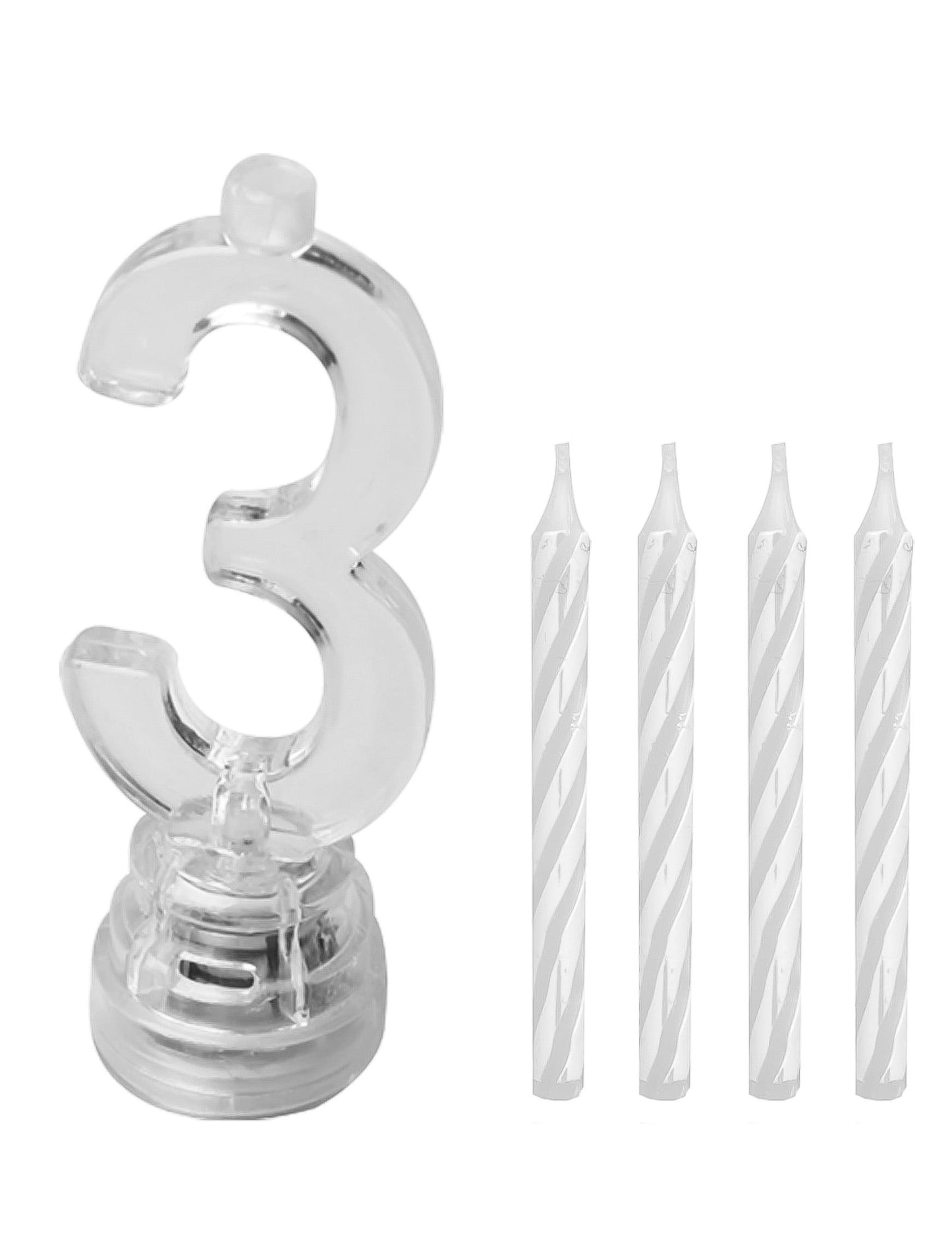 Détail du support et des bougies de la bougie lumineuse LED chiffre 3