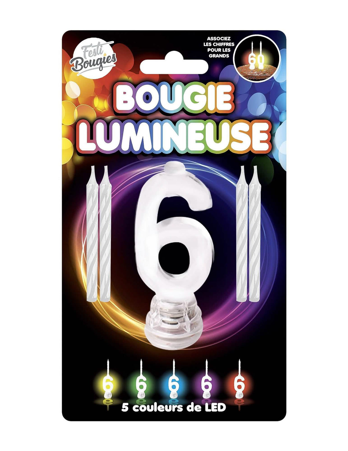 LED-Leuchtkerze Zahl 6 für Party Bunt mit 5 LED-Variationen