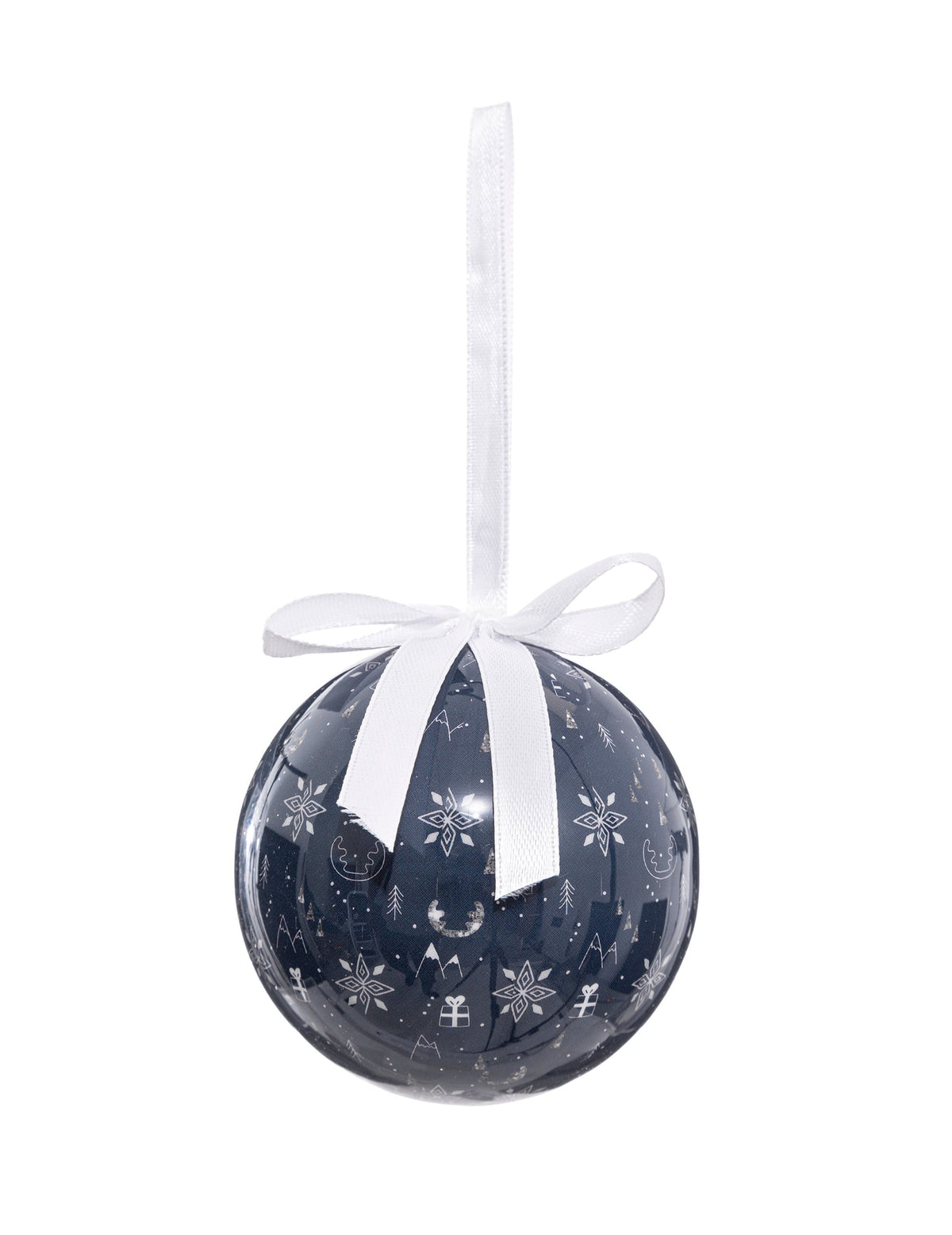 Boule de neige avec flocons pour sapin bleu avec ruban blanc