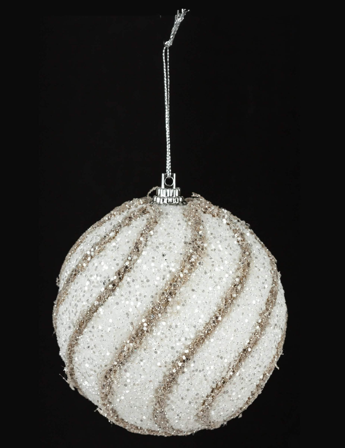 Weihnachtskugel mit weißen und goldenen Glitzer-Spiralen
