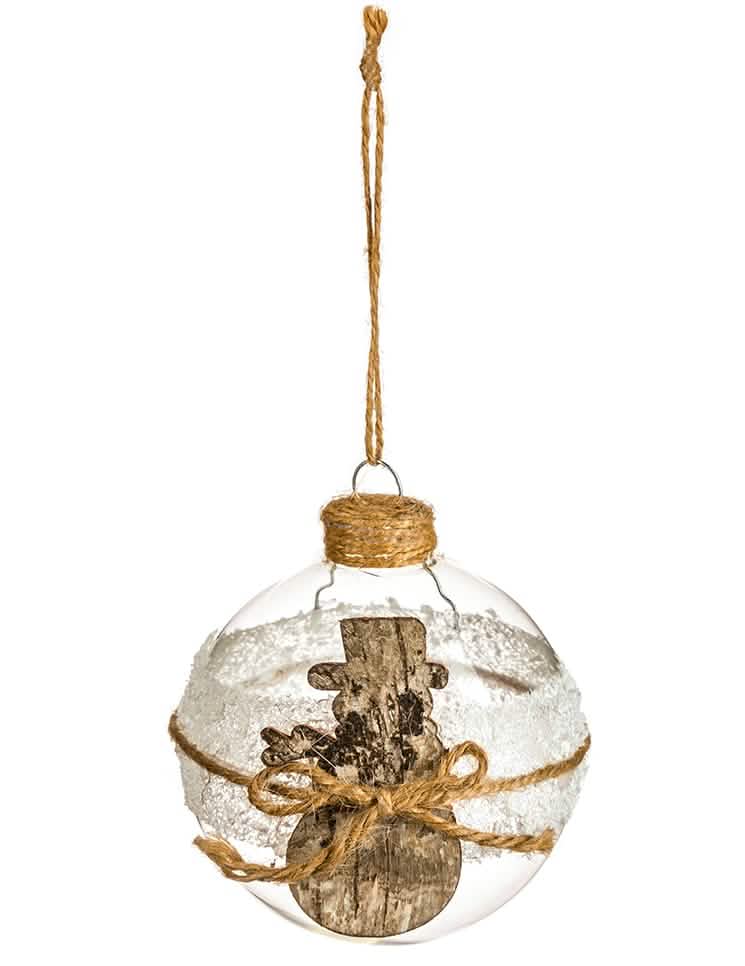 Boule de noël bonhomme de neige pour sapin en verre bois et jute givrée